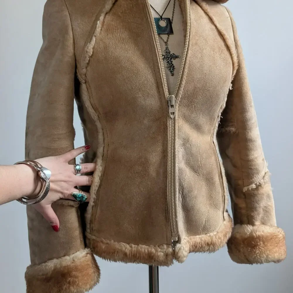 Vintage Tan Suede Shearling Coat Brown Wool Jacket Boho Chic Fur Coat Hood XS - Picture 8 of 12